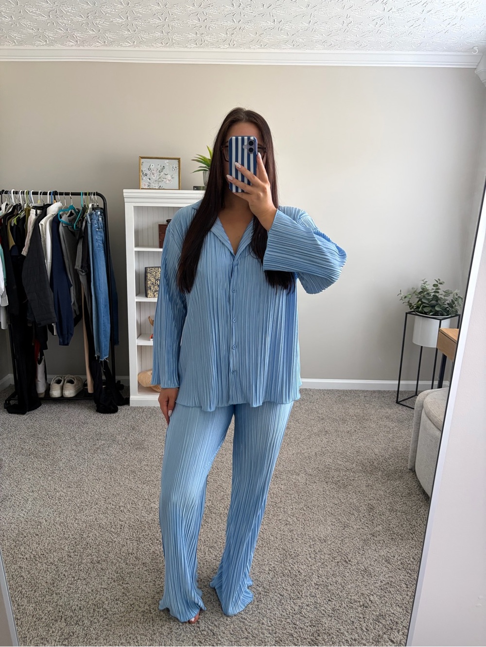 Light Blue Women's Pleated Set - Button Front Top & Wide Leg Pants